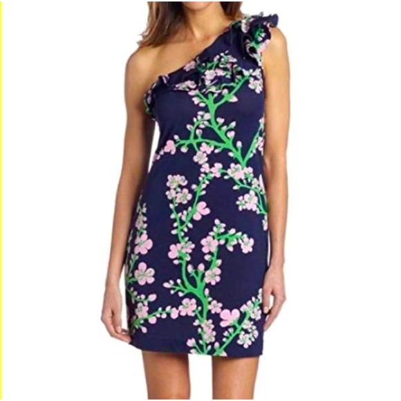 Lilly Pulitzer Whinnie One Shoulder Ruffle Dress Bright Navy Cherry Blossom Wine - Picture 1 of 6